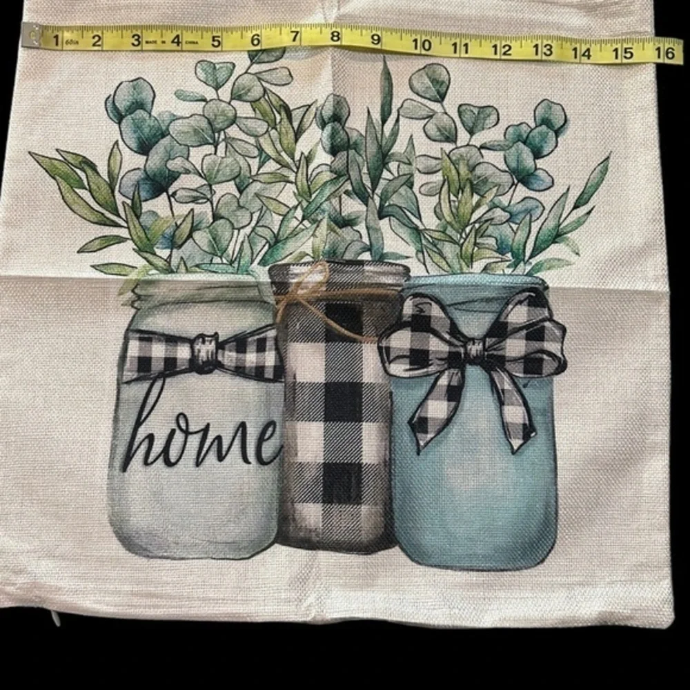 Farmhouse Style Burlap Pillow Covers Two Beige Blue Green NWOT